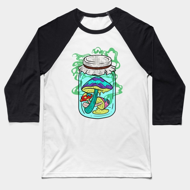 Psychedelic Mushrooms Mason Jar Baseball T-Shirt by Mooxy